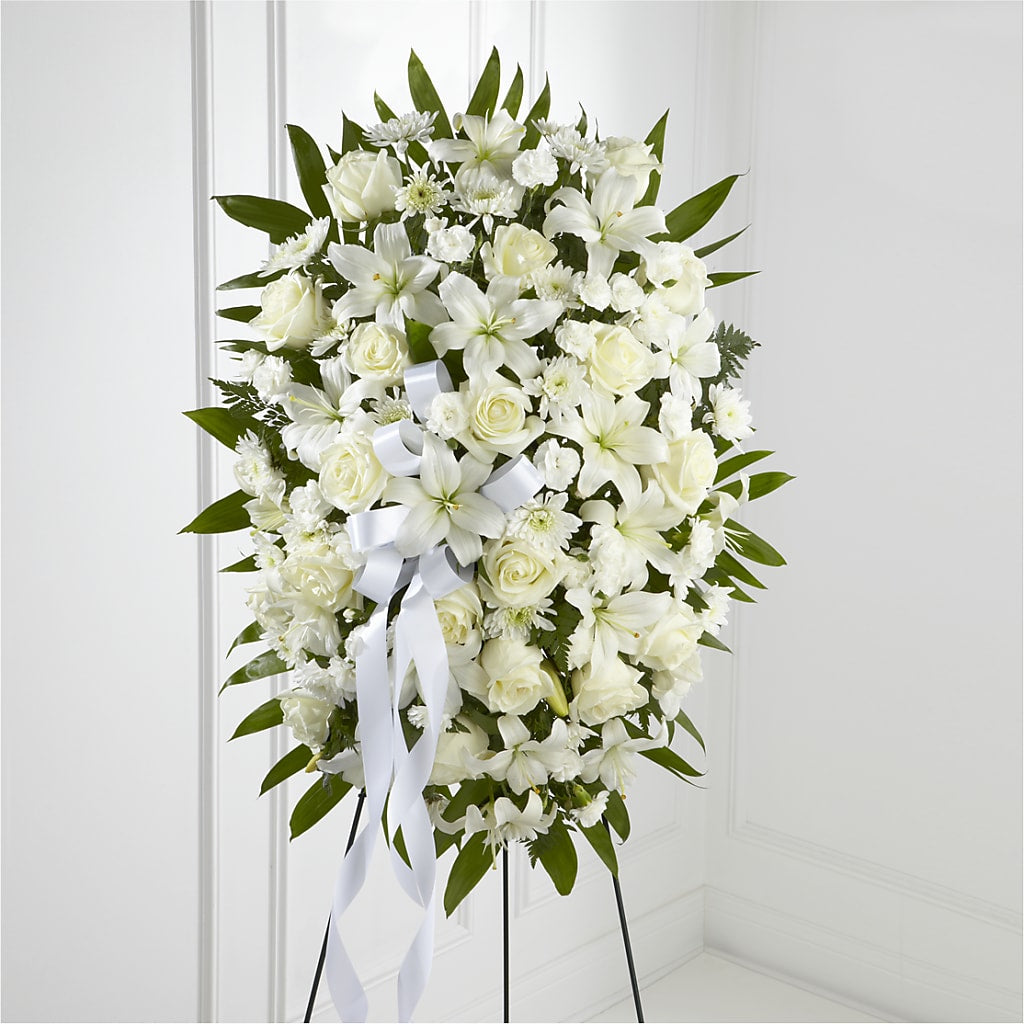 Exquisite Tribute Standing Spray-White Ribbon – Diana Flowers, Passaic NJ
