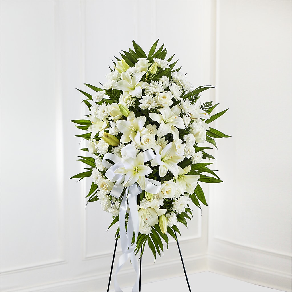 Exquisite Tribute Standing Spray-White Ribbon – Diana Flowers, Passaic NJ