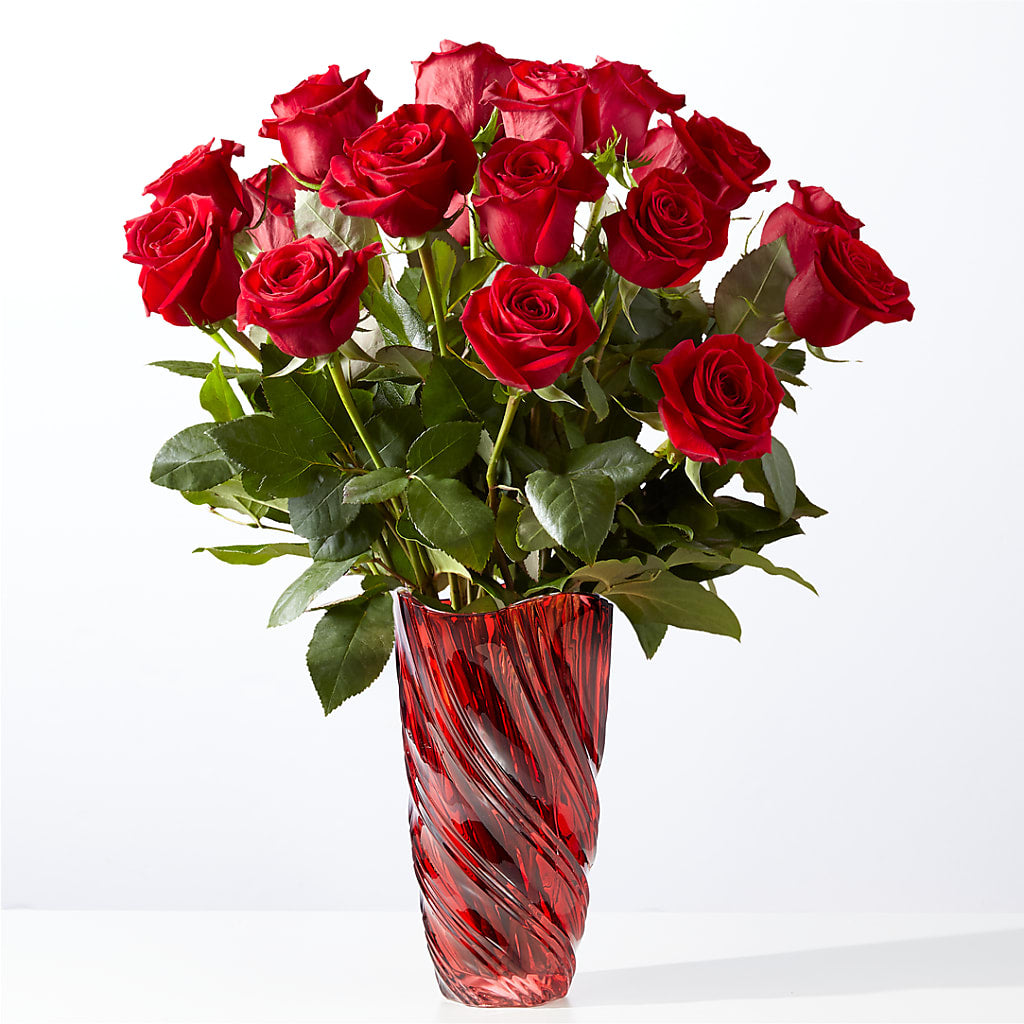 Classic Love Red Rose Bouquet with Luxe Swirl Vase – Diana Flowers, Passaic NJ