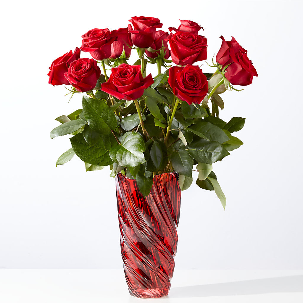 Classic Love Red Rose Bouquet with Luxe Swirl Vase – Diana Flowers, Passaic NJ