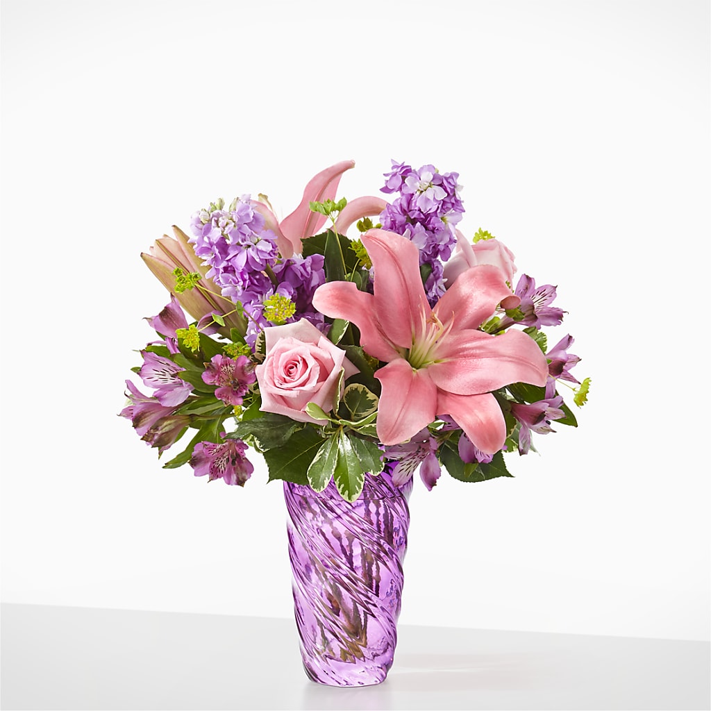 Precious Petals Bouquet with Luxe Swirl Vase – Diana Flowers, Passaic NJ