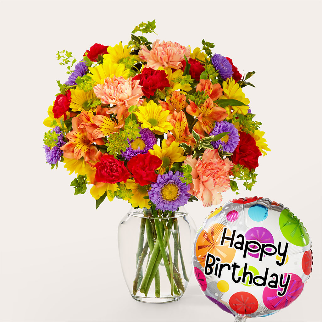 Kaleidoscope Bouquet with Birthday Balloon –  Diana Flowers, Passaic NJ