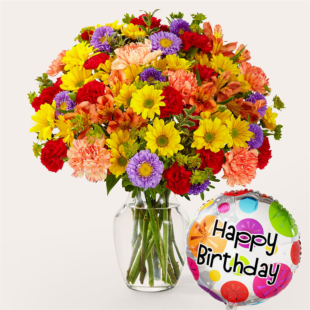 Kaleidoscope Bouquet with Birthday Balloon –  Diana Flowers, Passaic NJ