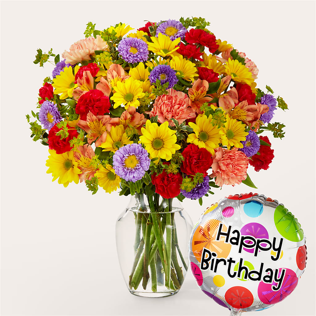 Kaleidoscope Bouquet with Birthday Balloon –  Diana Flowers, Passaic NJ