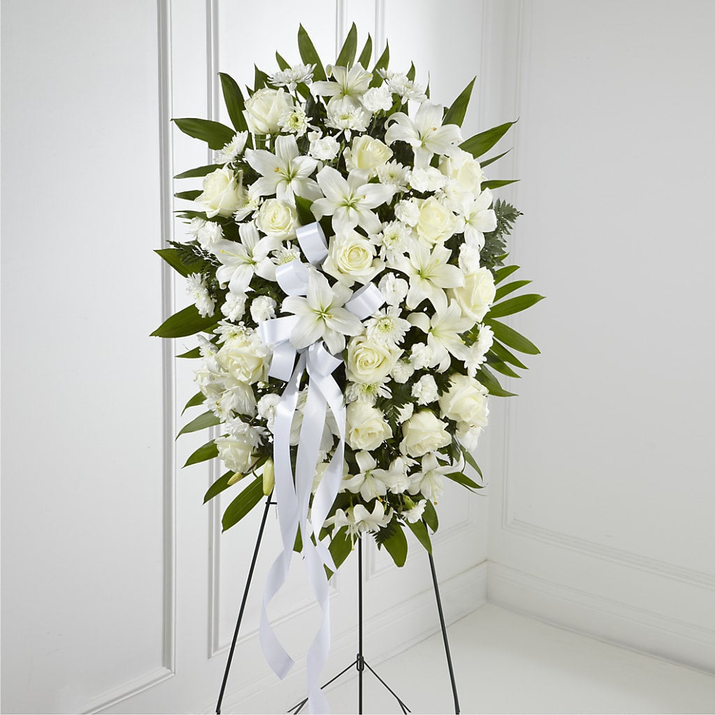 Exquisite Tribute Standing Spray-White Ribbon –  Diana Flowers, Passaic NJ
