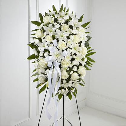 Exquisite Tribute Standing Spray-White Ribbon –  Diana Flowers, Passaic NJ