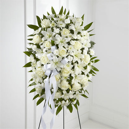 Exquisite Tribute Standing Spray-White Ribbon –  Diana Flowers, Passaic NJ