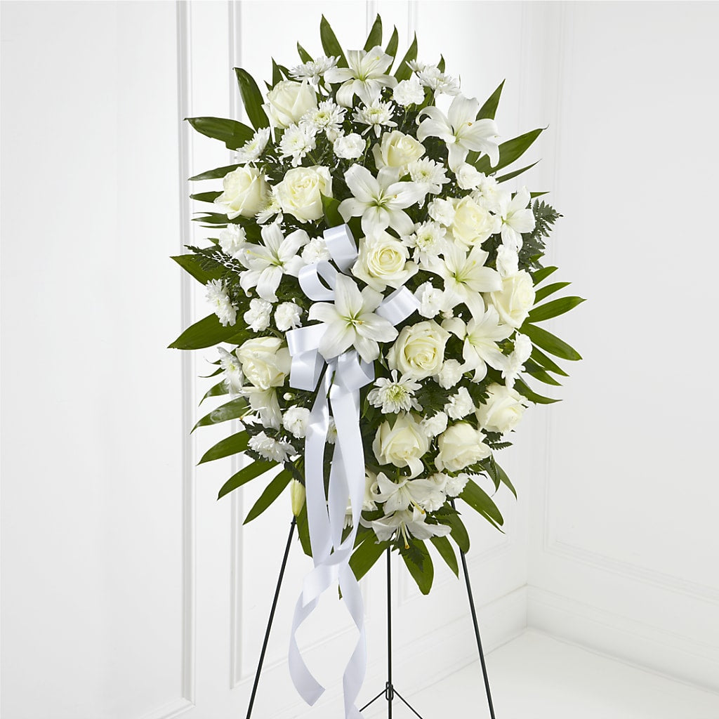 Exquisite Tribute Standing Spray-White Ribbon –  Diana Flowers, Passaic NJ
