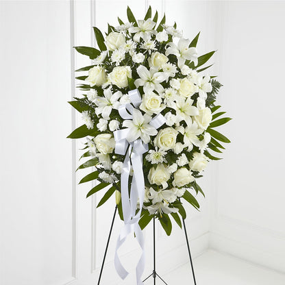 Exquisite Tribute Standing Spray-White Ribbon –  Diana Flowers, Passaic NJ